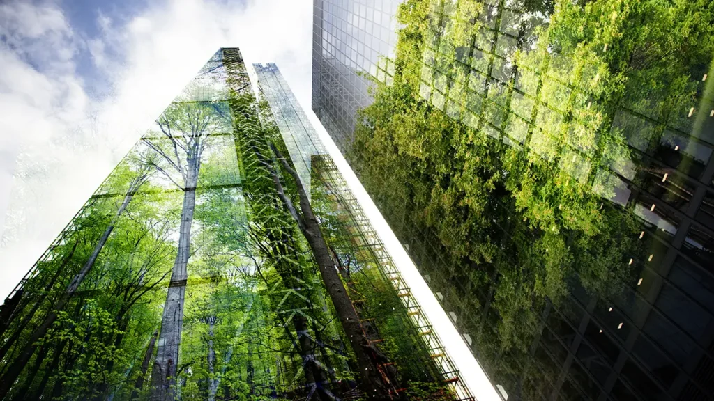 Trees reflected in skyscraper windows.