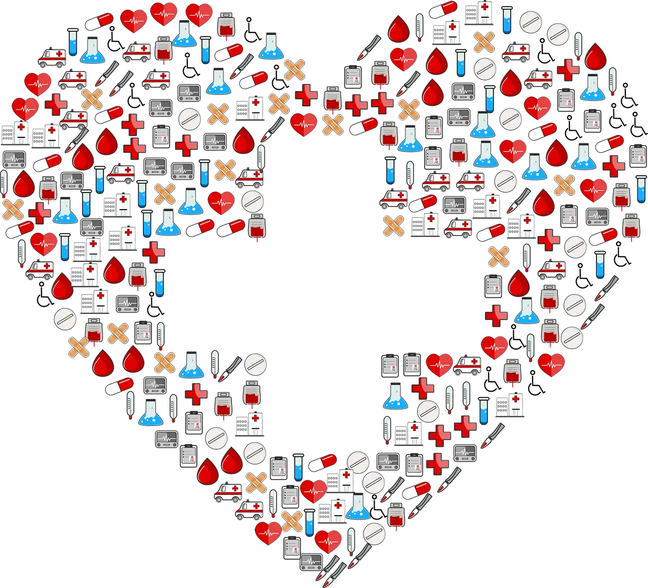 Medical icons forming a heart shape.